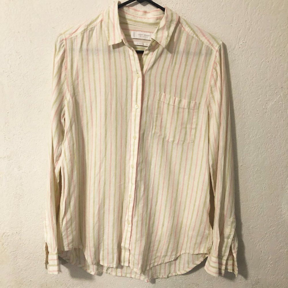 Lucky Brand Cream Button-Down Shirt with Pink and Green Stripes